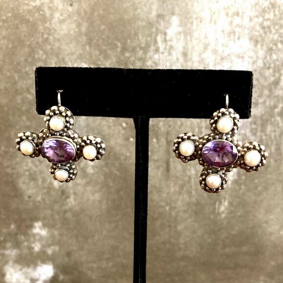 Janice Girardi Vintage 80's Amethyst, Pearl &925 Silver Earrings Fine Jewelry - Picture 1 of 7